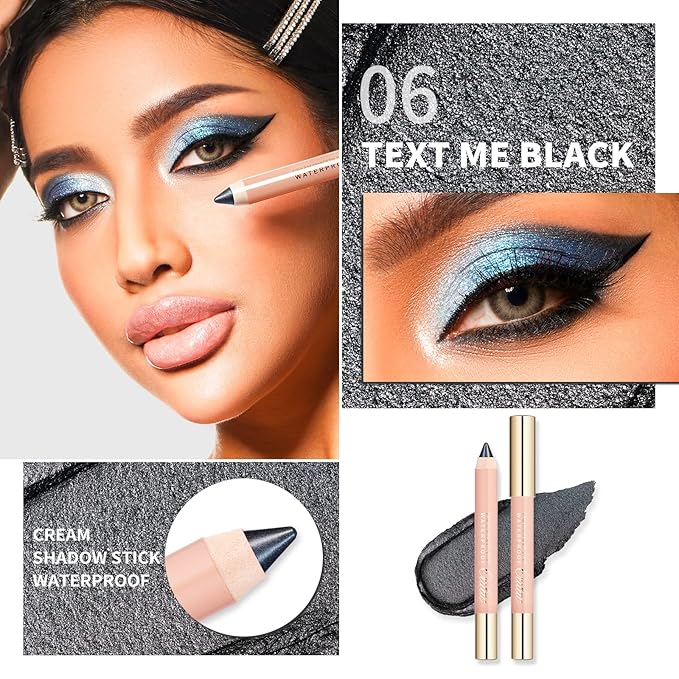 Oulac Black Eyeshadow Pencil - Waterproof Eye Shadow Stick Smooth and Long Lasting, Shimmering Glitter Finish, Blendable Eyes Makeup, Vegan Beauty 3.8g, (06) Text Me Black