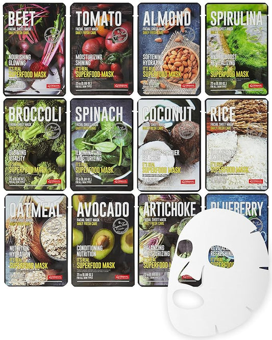 DERMAL Super Food Face Masks Skincare- 12 Pack Facial Sheet Mask for a Glowing Refreshing Skin- Moisturizing Sheet Masks for Face Enriched with Natural Ingredients for All Skin Types