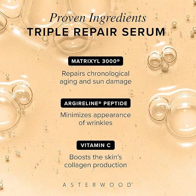 Asterwood Triple Repair Matrixyl 3000 + Argireline + Hyaluronic Acid + Vitamin C Serum for Face - Anti-Aging, Collagen Boosting, Hydrating - Fragrance-Free - 4 Fl Oz