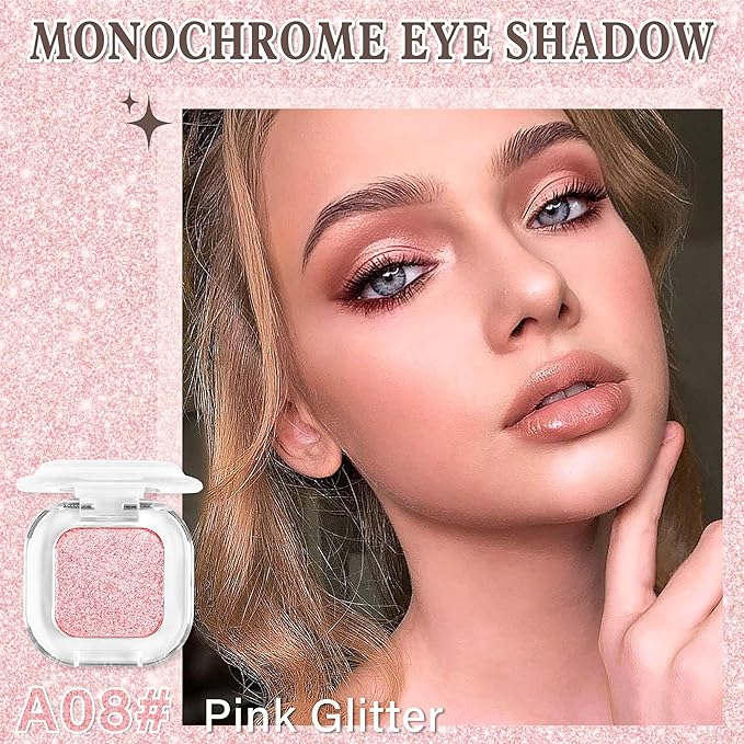 Pink Glitter Single Eyeshadow Makeup Powder Palette,High Pigment Blendable Formula Eye Make-up for Women,Neutral Eye Shadow,sombras para ojos,Longwear Waterproof,Vegan & Cruelty-Free,Eyeshadow Gift