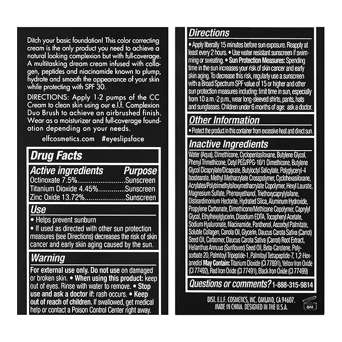 e.l.f. Camo CC Cream, SPF 30 Color-Correcting Medium-To-Full Coverage Face Foundation, Delivers An Airbrushed Finish, Vegan & Cruelty-Free, Rich 620 W