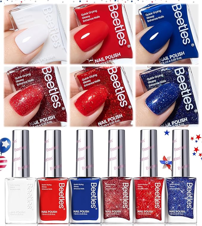 Beetles 4th Nail Polish Set - 6 Colors White Red Blue Nail Polish Kit Sparkle Glitter Fingernail, Quick Dry Long Lasting Beetles Midnight Fireworks Diy Nail Art Design Christmas Gifts for Women