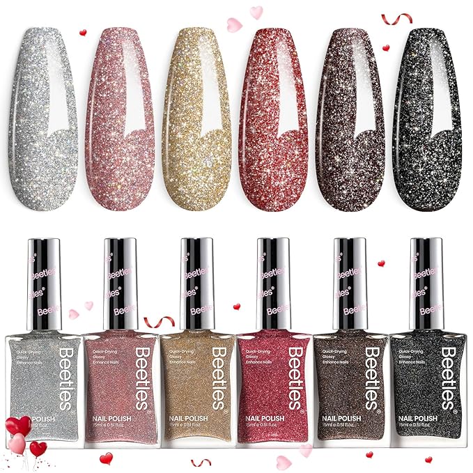 Beetles Glitter Nail Polish Set, 6 Color Silver Pink Gold Red Brown Black Quick Air Dry Nail Polish Natural Elegant Nail Lacquer Manicure DIY Nail Art Salon Christmas Gifts For Women