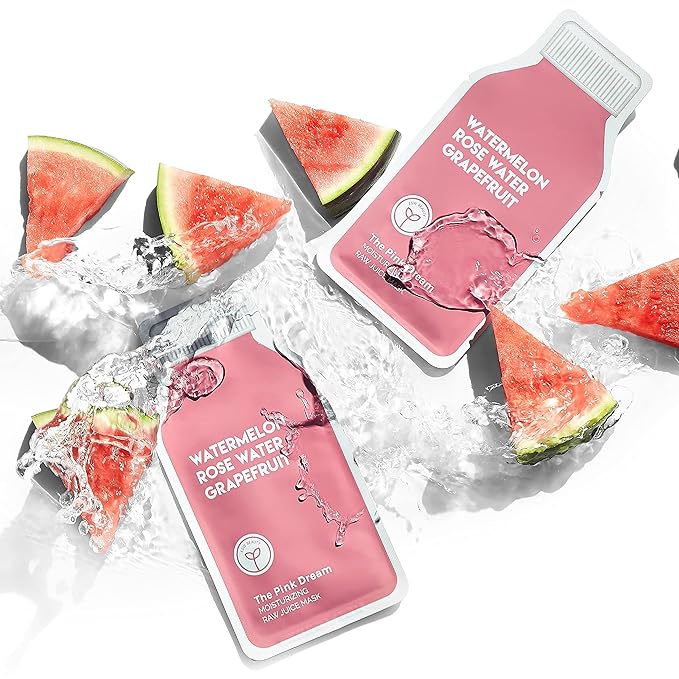 ESW Beauty The Pink Dream - Moisturizing Raw Juice Face Mask (6-Pack) - Hydrating with Watermelon, Rose Water & Grapefruit for Dry, Sensitive Skin - Vitamins C & E for Radiance