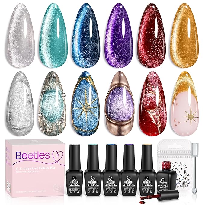 Beetles Cat Eye Gel Nail Polish Set - 6 Colors Glitter Burgundy Red Silver Blue Purple Green Gold Magnetic Cat Eye Gel Polish Holographic Effect Velvet Nail Art Salon DIY Home Gift for Women