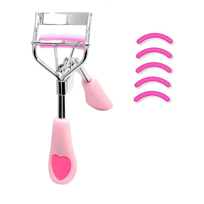 Stainless Steel Eyelash Curler with Built-in Comb Pinch Pain-Free Lash Curler with Brush Suitable for Any Eye Shapes and Sizes and with 5 Silicone Refill Pads (Pink)