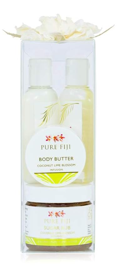 Pure Fiji Spa Gifts for Women and Man - Body Gift Box Include: Sugar Scrub, Bath and Body Oil, Body Butter and Body Lotion, Scent Coconut Lime Blossom