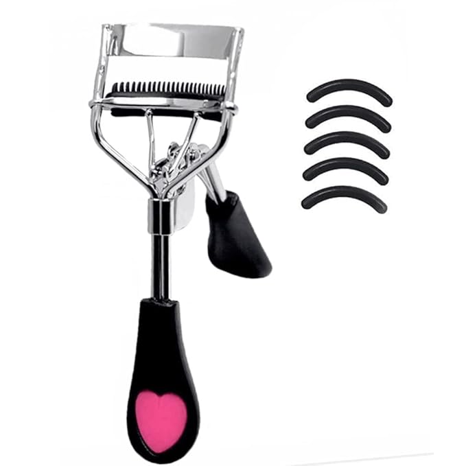 Stainless Steel Eyelash Curler with Built-in Comb Pinch Pain-Free Lash Curler with Brush Suitable for Any Eye Shapes and Sizes and with 5 Silicone Refill Pads (Black)