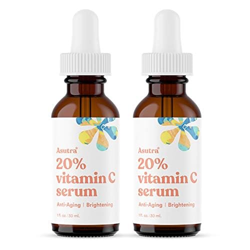 ASUTRA 20% Vitamin C Serum, 1 fl oz (Pack of 2) - Ferulic & Hyaluronic Acid, Vitamin E, Aloe, Jojoba, Brightening Face Serum