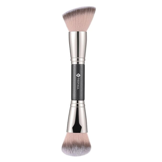 TEOYALL Dual-Ended Foundation Blending Brush, Flat Angled Kabuki and Domed Cheek Synthetic Bristles for Liquid Cream Powder