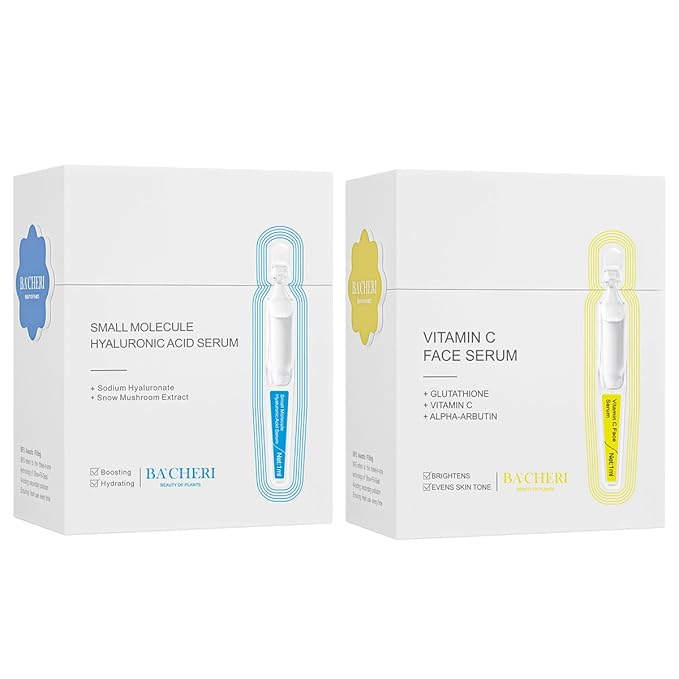 Autumn/Winter Care | BACHERI Vitamin C + Small Molecule Hyaluronic Acid Face Serum – AM/PM Ampoule Duo for 18-40 Skin – Brightening, Deep Hydration & Anti-Aging Serums – Dull, Dry, Sensitive Skin Care