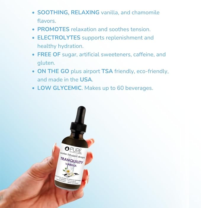 Pure Inventions Tranquility - Supports Relaxation - Vanilla and Chamomile - Water Infusion Drops - No Sugar, Calories, or Artificial Sweeteners - 60 servings - 2oz