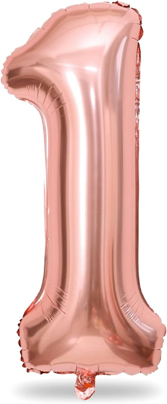 Rose Gold 1 Balloons, 40 Inch Giant Helium Foil Number 0-9 for Girls, Self Inflating Digit 1st Birthday Balloon for Women Anniversary Baby Shower New Year Engagement Party Decorations Supplies