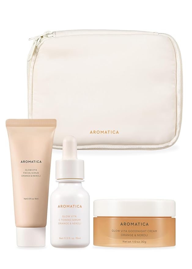 AROMATICA Glow Vita Trial Kit - Travel Size Skin Care Set [Vitamin C Serum 0.5 fl. oz, Facial Scrub 0.5 fl. oz, Goodnight Cream with Retinol 1oz] - Travel Kit for Women