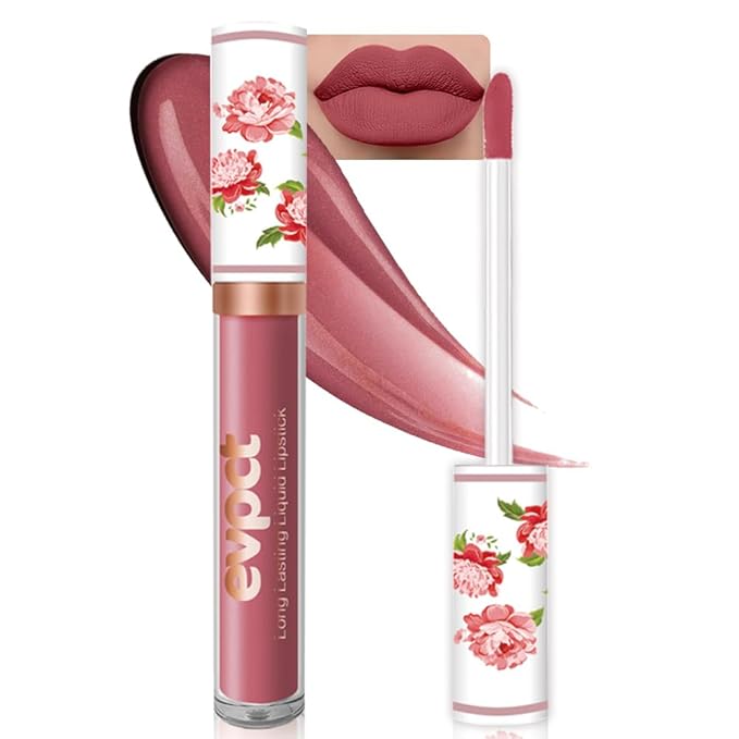 evpct 1Pcs Blush Red Matte Liquid Lipstick Lip Stain Sets for Women, Peony Flower Mauve Red Matte+Lipstick Long Lasting Permanent 24 hr Hours Magic Lipstick 24 Hours original Waterproof, 02#