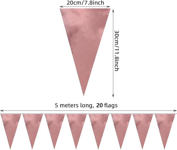 20M/65FT Rose Gold Triangle Pennant Banner Flag Metallic Fabric Bunting Garland for Christmas Wedding Birthday Anniversary Bridal Shower Engagement Graduation Hen Party Decorations Supplies