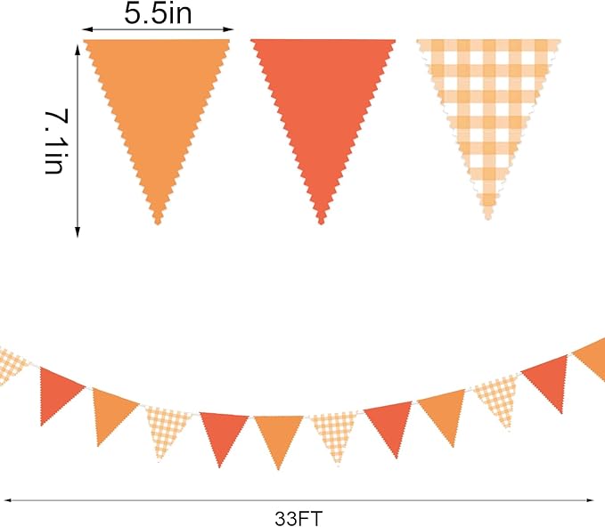33 Ft Hanging Banner Decoration Triangle Flag Orange Pennant Plaid Fabric Bunting Garland for Birthday Wedding Baby Shower Party Supplies
