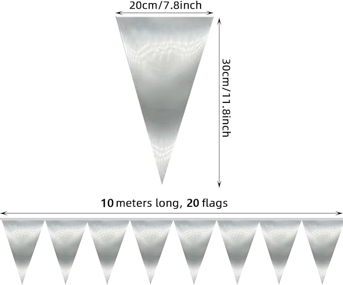 20M/65FT Silver Triangle Pennant Banner Flag Metallic Fabric Bunting Garland for Christmas Graduation Wedding Engagement Anniversary Bachelorette Birthday Bridal Shower Valentines Hen Party Supplies