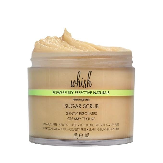 Whish Beauty Lemongrass Exfoliating Sugar Scrub - Body Scrub for Women - Brown Sugar Exfoliator with Raspberry, Aloe, & Shea Butter - Gentle on All Skin Types - Paraben & Sulfate Free - 8 oz