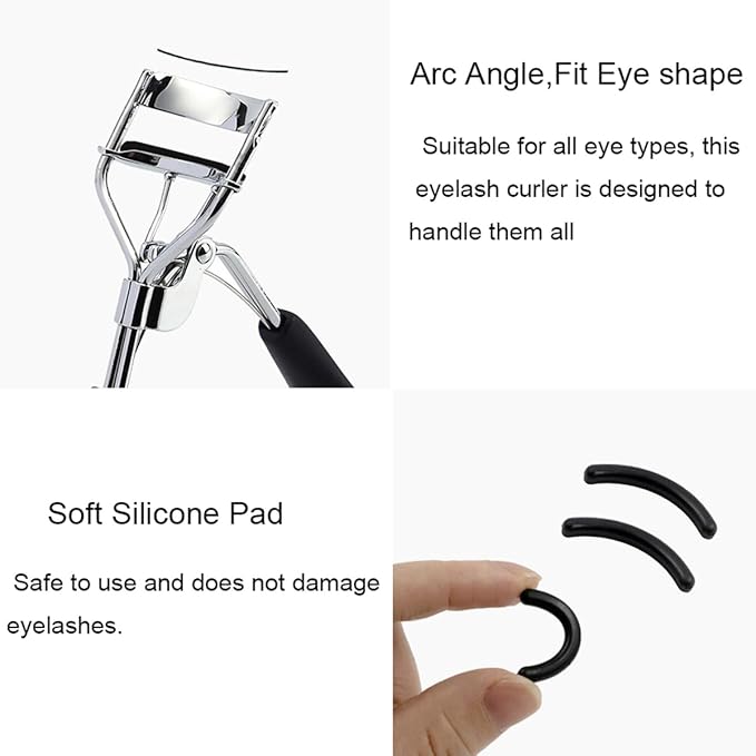 Eyelash Curler - Ergonomic Design for All Eye Shapes, Precision Curl Control, Superior Long- Lasting Curl, Gentle on Lashes, Includes 2PCS Silicone Replacement Pads, Easy to Use (Black)