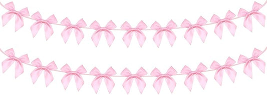 2pcs Pink Bow Garland Banner, Pink Ribbon Bow Party Decorations for Baby Shower Girls Bow Coquette Birthday Party Decor