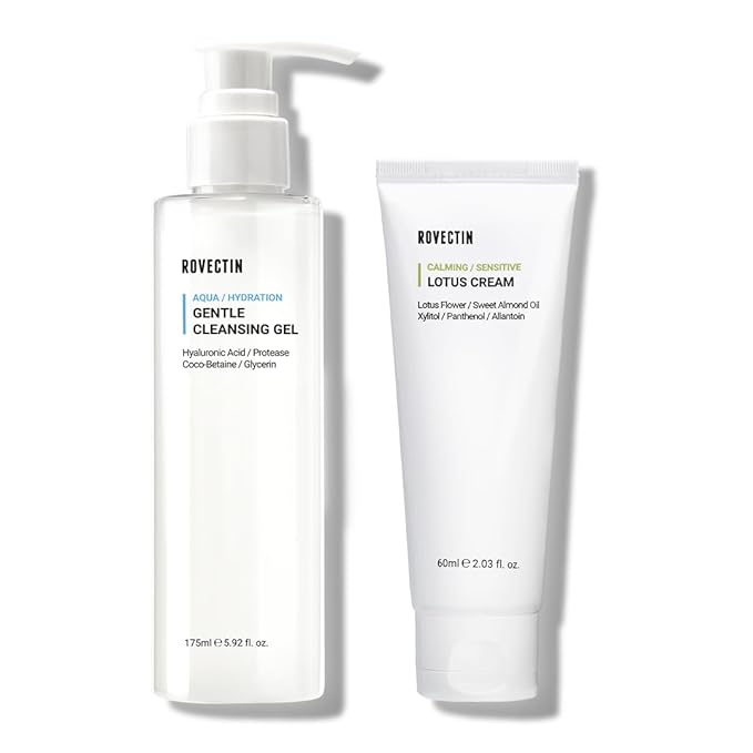 ROVECTIN Calming Lotus Water Cream (2.1 fl.oz, 60ml) Moisturizer + Aqua Cleansing Gel (5.9 fl. oz, 175ml) pH| Bundle [2 Pack]