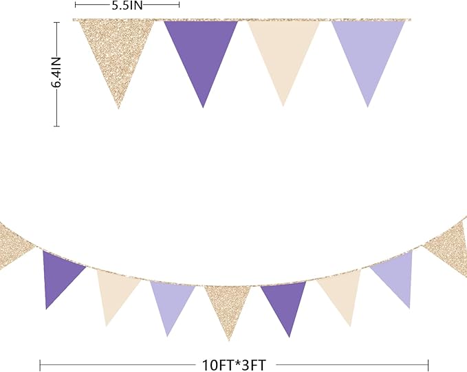 30 Ft Purple Lavender Beige Champagne Gold Party Decorations Pennant Banner Flag Hanging Paper Triangle Bunting for Baby Shower Birthday Bridal Shower Wedding Engagement Lilac Violet Party Supplies