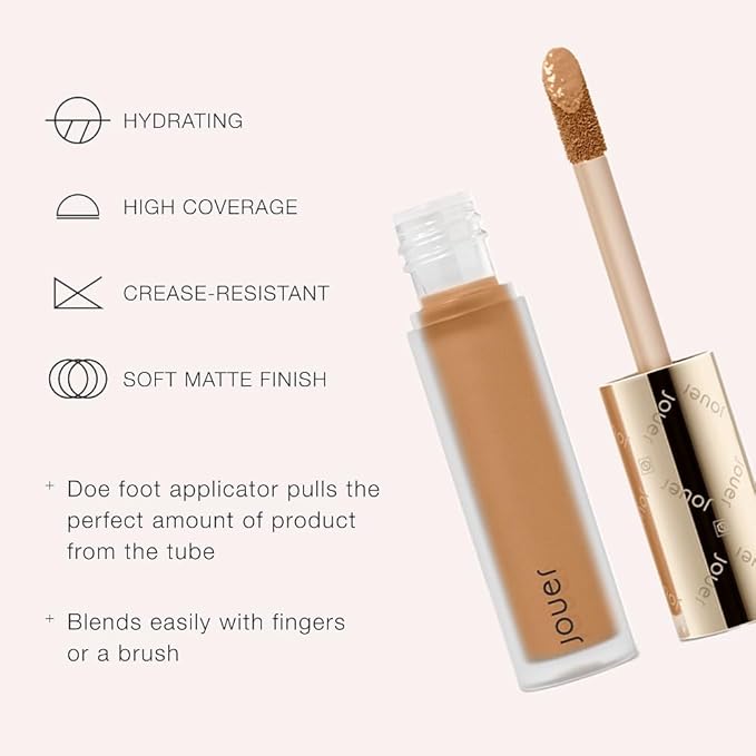 Jouer Essential High Coverage Liquid Concealer - Brightening Concealer - Color Corrector for Under Eye Dark Circles, Spot Coverage, and Eye Primer - Soft Matte Finish, Ebony