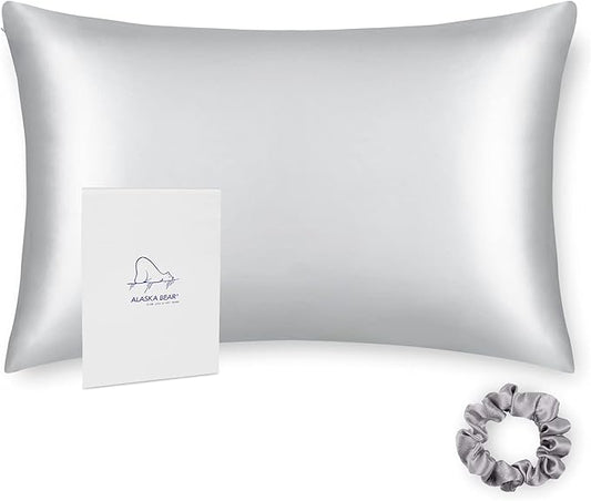 ALASKA BEAR 100% Pure Mulberry Silk Pillowcase for Curly Hair Women Mother Her Grandma Pillow Slip Machine Washable Standard (1pc, Silver)