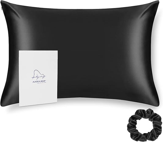 ALASKA BEAR Silk Pillowcase for Hair and Skin Beauty Sleep 100 Real Mulberry Silk Anti-Aging Pillow Slip Case Cover King Size with Zipper (1pc, Black)