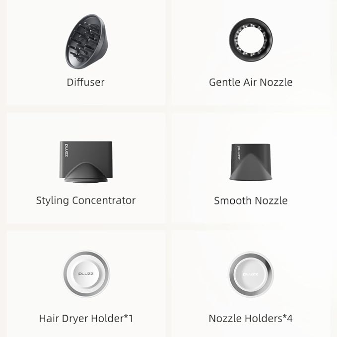 PLUZZ Pro Professional Hair Dryer with 3M Power Cord, 140,000 RPM Brushless Motor High-Speed, 500M Negative Ions, Quiet & Lightweight, Diffuser & Holders Attachments – Salon/Home Use