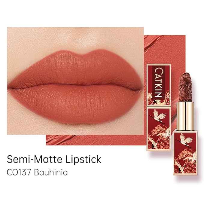 Catkin Rouge Matte Lipstick, Nude Waterproof Long Lasting Carving Satin Moisturizing Smooth Soft 0.13 Ounce-Chinese Style (CO137)