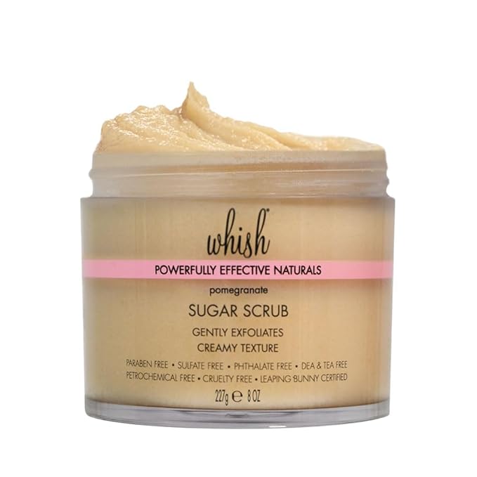 Whish Beauty Pomegranate Exfoliating Sugar Scrub - Body Scrub for Women - Brown Sugar Exfoliator with Raspberry, Aloe, & Shea Butter - Gentle on All Skin Types - Paraben & Sulfate Free - 8 oz