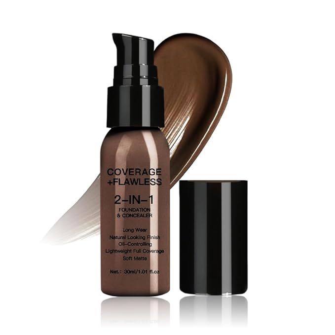 2 in 1 Foundation Concealer, Lightweight Creamy Long Lasting Face Makeup for Combination Oily Skin, Conceals Dark Circles Under Eyes Dark Spots and Blemishes, Vegan Cruelty-Free, Deep