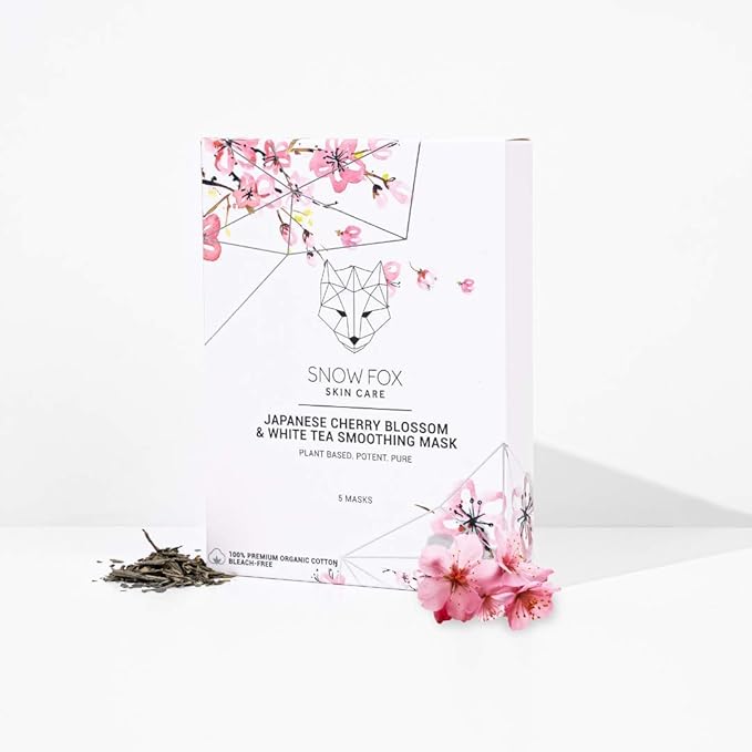 Snow Fox Japanese Cherry Blossom & White Tea Smoothing Sheet Mask – Hydrating Face Mask for Glass Skin Glow & Bridal Makeup Prep – Moisturizing Facial Skin Care for all Types – 5 Pack