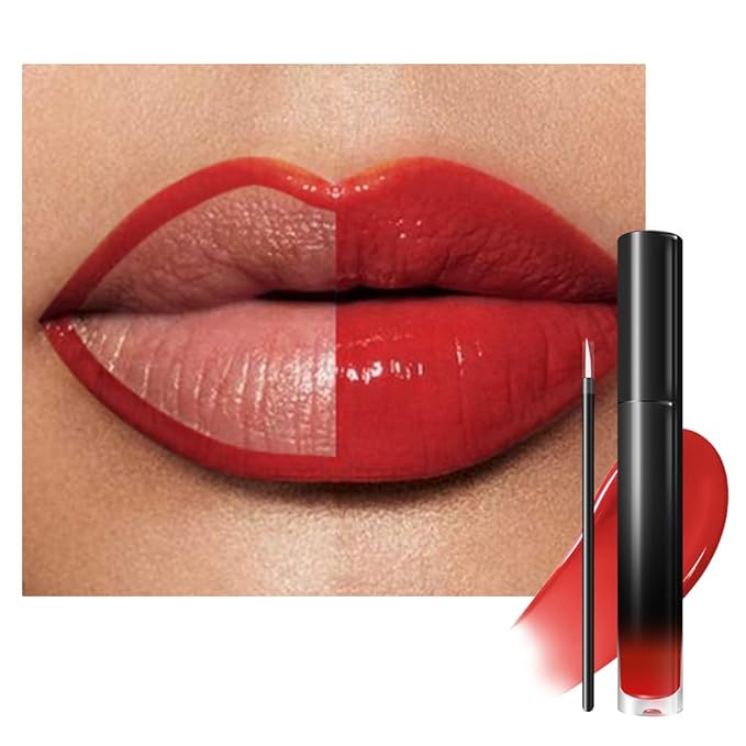 evpct Bright Fire Red Shiny Longwear No-Budge Liquid Lip Color Lipstick Makeup, Highly Pigmented Color Instant Shine, Waterproof Long Lasting Lipstick Women Lip Stain Gloss with Lip Liner Brush, 05#