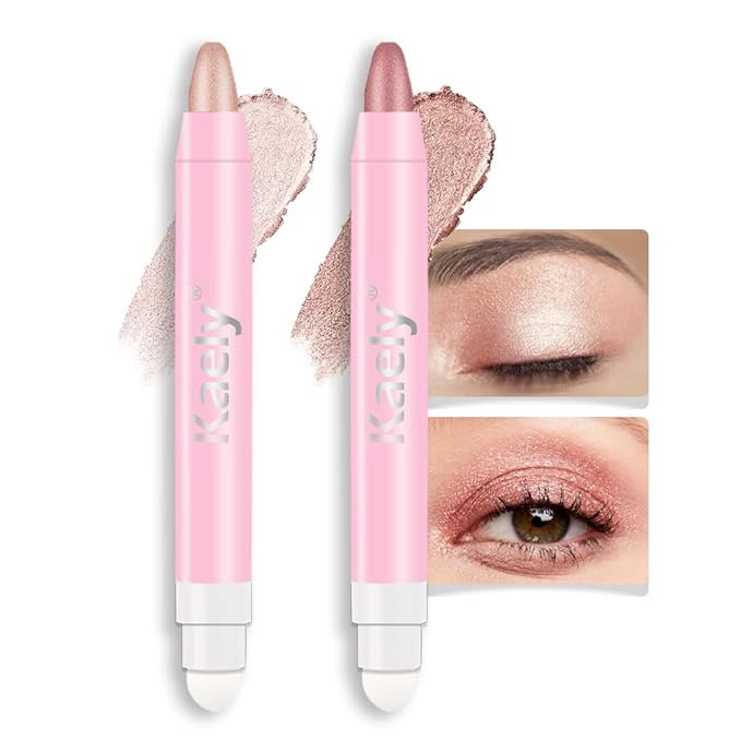 evpct 2Pcs Cream Eye Shadow Brightener Sticks Set for Eyes Waterproof, Champagne & Rose Gold Shimmer Cream Eyeshadow Applicator Stick Long Lasting Pigmented Eye Makeup sombras en crema para ojos 17+37