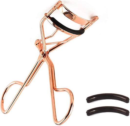 Professional Makeup Tool for Eyelashes with 2 Replacement Silicone Refill Pads Pinch Pain Free Metal Eyelash Curler 1PC, Golden Color