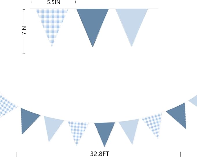 32Ft Dusty Blue Party Decorations Retro Blue Gingham Triangle Banner Flag Pennant Fabric Garland Streamers for Nautical Wedding Birthday Ahoy Achor Bridal Baby Shower Under The Sea Decor Supplies