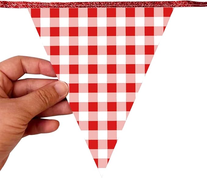 Red Buffalo Plaid Party Decorations Pennant Banner Flag Hanging Red Glitter Paper Triangle Bunting for Birthday Anniversary Baby Shower Wedding Bridal Shower Christmas Holiday Party Decor Supplies
