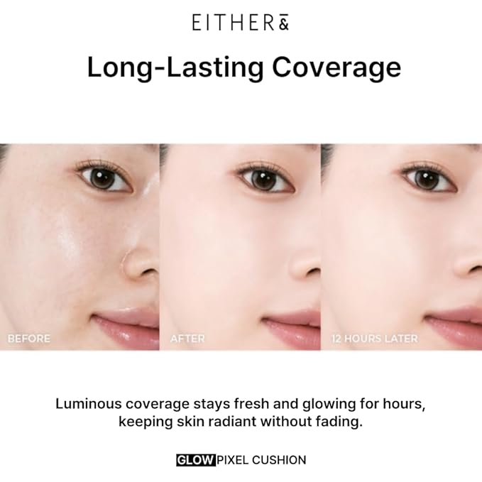 EITHER& Glow Pixel Cushion Foundation, Glowy Skincare, Korean Makeup, Natural Coverage, Moisturizing, Lightweight, Long Lasting Coverage for Flawless Skin (21N Natural)