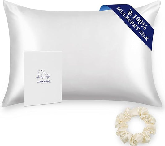 ALASKA BEAR 100% Pure Mulberry Silk Pillowcase for Curly Hair Pillow Slip Cover Machine Washable Body Size(1pc, Cool White)