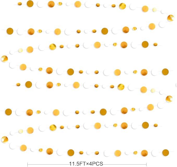 46 Feet White and Gold Circle Dots Garland Hanging Paper Polka Dots Streamer for Birthday Bachelorette Engagement Anniversary Wedding Baby Bridal Shower Christmas Holiday Party Decorations Supplies
