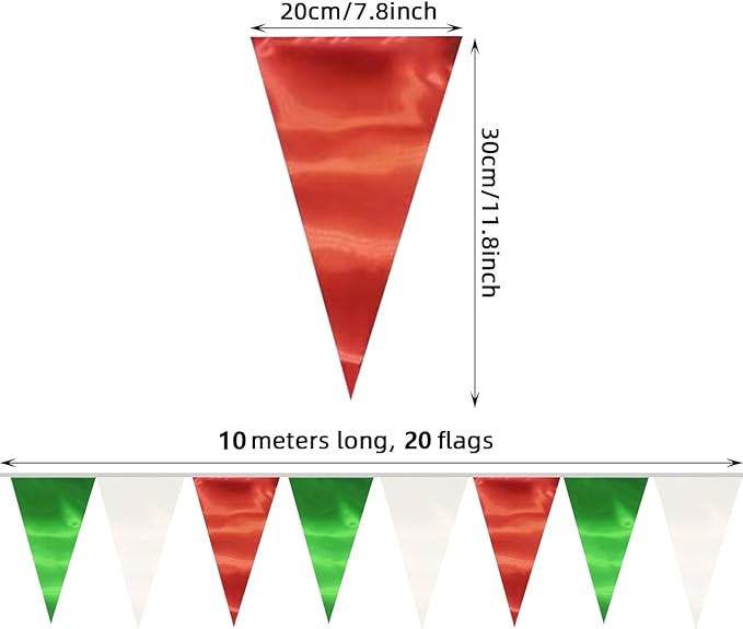 20M/65FT White Green Red Triangle Pennant Banner Flag Metallic Fabric Bunting Garland for Christmas Italy Mexican Birthday Baby Shower Wedding Banners,New Years Winter Decor Ouruola