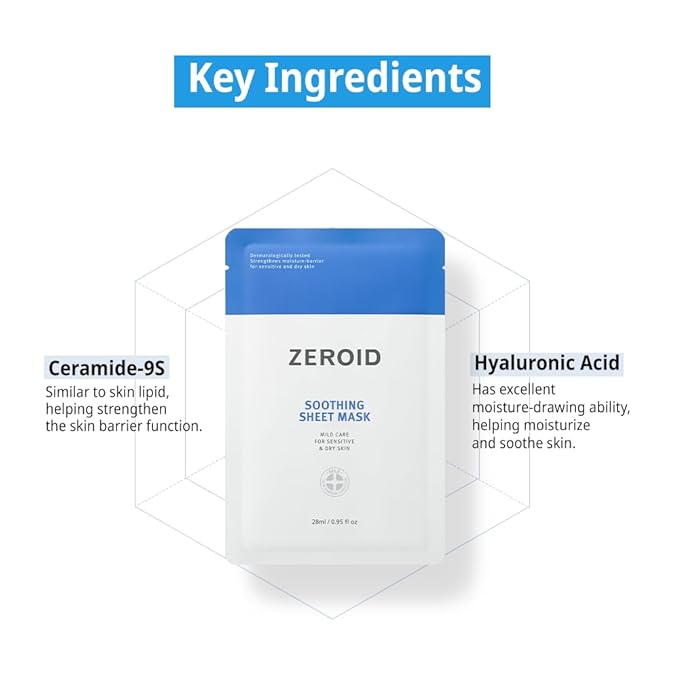 ZEROID | Soothing Sheet Mask | Face Masks Skincare for Sensitive and Dry Skin | Korean Face Mask with Hyaluronic Acid & Ceramide | Hydration & Skin Barrier Enhancement | Pure Cotton Sheet | 5 Sheets