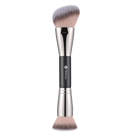 TEOYALL Dual-Ended Foundation Contour Brush, Flat Top and Angled Synthetic Bristles for Bronzer Liquid Cream Powder