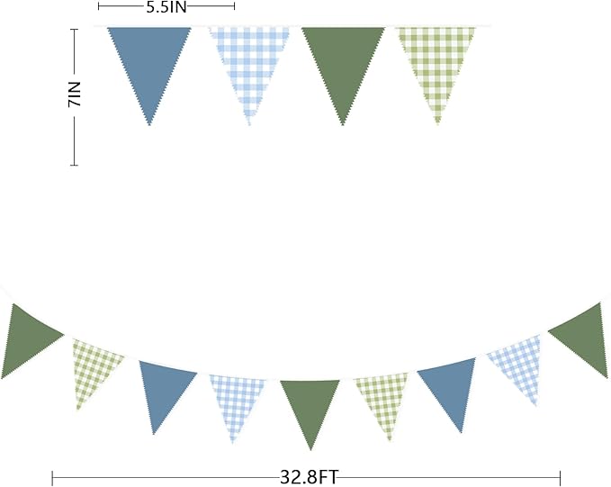 32Ft Blue Green Party Decorations Dusty Blue Sage Green Gingham Fabric Triangle Banner Flag Plaid Pennant Garland Streamers for Hole in One Birthday Baby Shower Masters Golf Graduation Decor Supplies