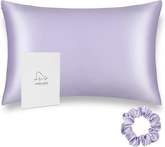 Silk Pillowcase Queen Size w/Random Color Silk Scrunchie Gift Set for Skin and Hair Care Beauty Sleep ALASKA BEAR Organic Best 100% Mulberry Silk Real Cooling Pillow Case (1pc, Lilac Lavender)