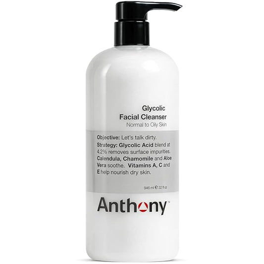 Anthony Glycolic Facial Cleanser for Men, Daily Exfoliating & Hydrating Face Wash, Shave Prep, Non-Foaming, Deep Cleansing, Gentle on Sensitive Skin, Removes Dirt & Oil, Smooths Texture, 32 Fl Oz