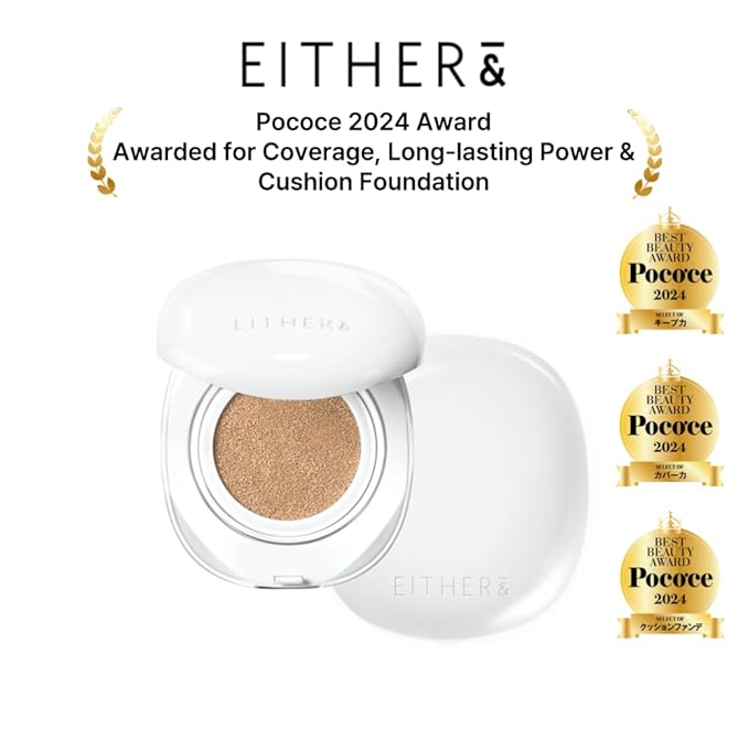 EITHER& Glow Pixel Cushion Foundation, Glowy Skincare, Korean Makeup, Natural Coverage, Moisturizing, Lightweight, Long Lasting Coverage for Flawless Skin (23N Sand)